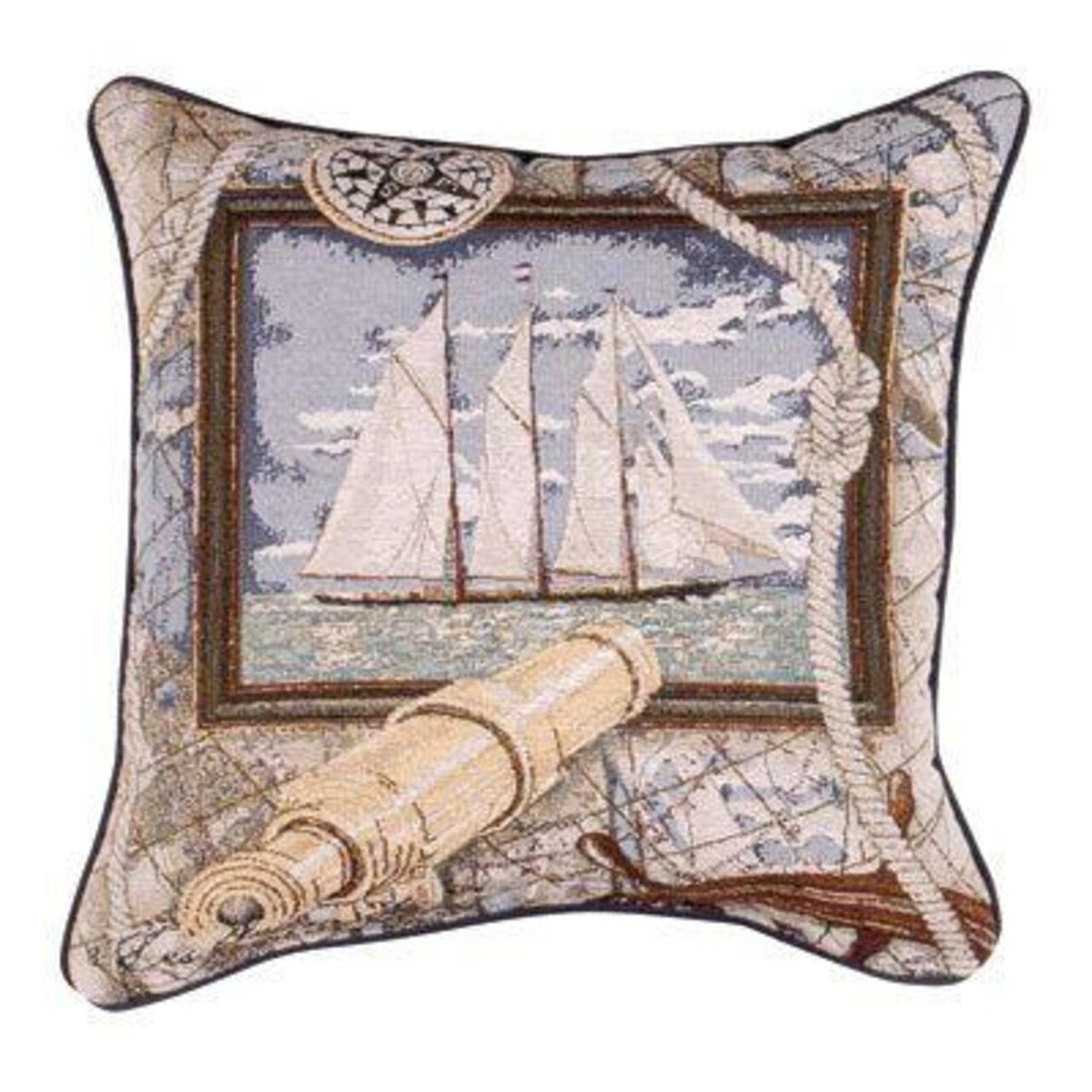 Simply Home 17" Beige and Purple Nautical Seascape Sailboat Square Throw Pillow